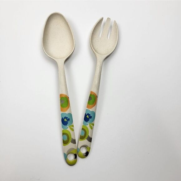 Bamboo Fiber Salad "Fork and Spoon" Serving Set with Floral Design - Picture 1 of 4